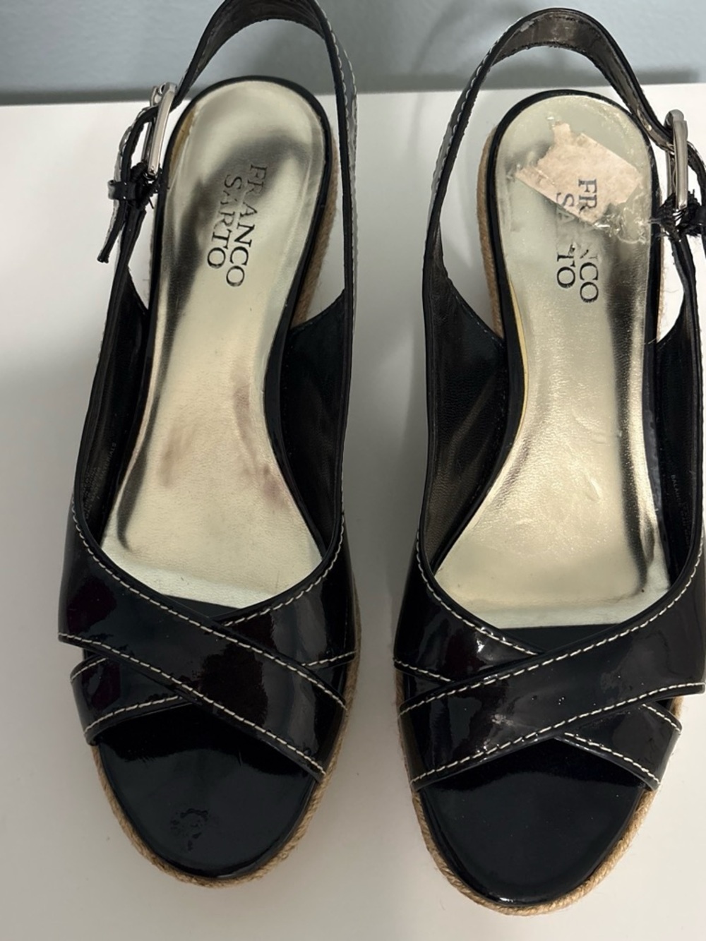 Franco Sarto Black Patent Open-Toe Slingback Wedges